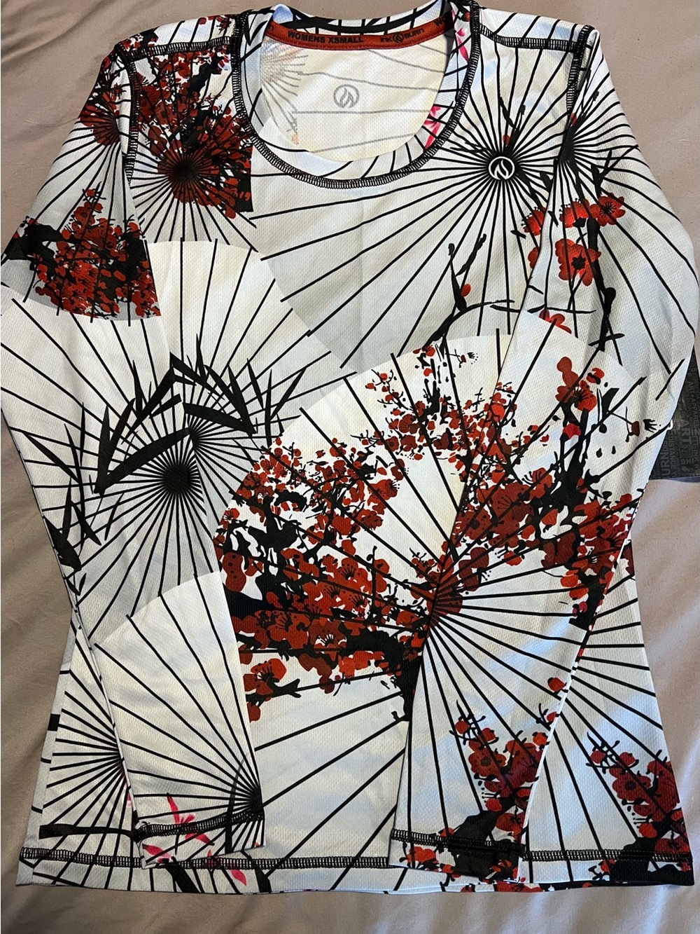 INKnBURN White Long Sleeve Top with Black Fan & Red Floral Print